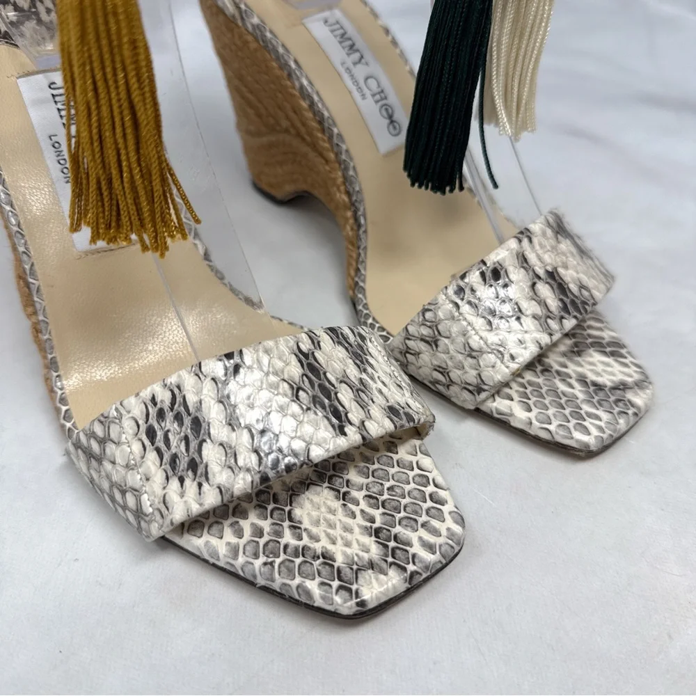 NEW Jimmy Choo Deva 85 Snakeskin Leather Tasseled Ankle Tie Wedge Sandal Heels